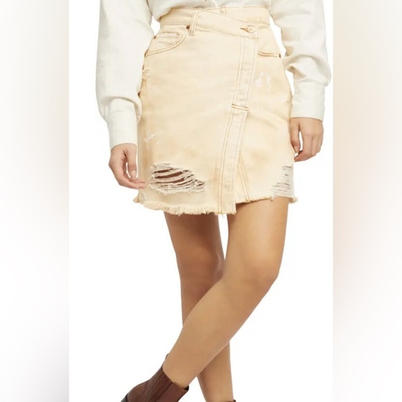 FREE PEOPLE PARKER WRAP DENIM GRUNGE MINI SKIRT BUTTER CREAM SZ 24 - Picture 6 of 14